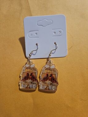 Bird-in-Cage Acrylic Dangle Earrings — Orange Bird Print